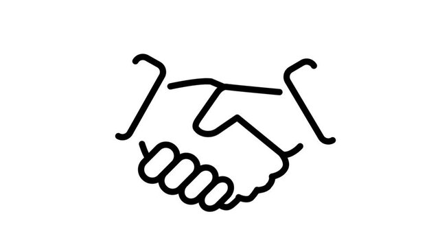 Handshake, icon business, shaking hands, micro animation,  illustration video cartoon clipart. Success, deal, agreement, contract, trade. Black and white, outline, contour, lines, line, alpha channel