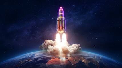 Neon Odyssey A Futuristic Rocket Launch into the Stars