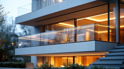 Fototapeta premium Macro view of glass railing on modern staircase in Mocha Mousse at evening