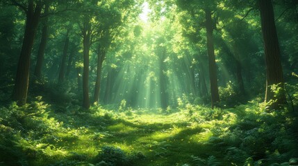 Fototapeta premium Sunbeams in a lush green forest.