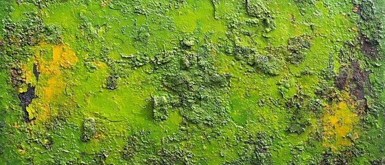 A green wall with a lot of cracks and holes