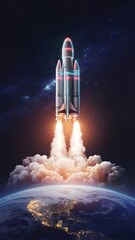 Neon Odyssey A Futuristic Rocket Launch into the Stars