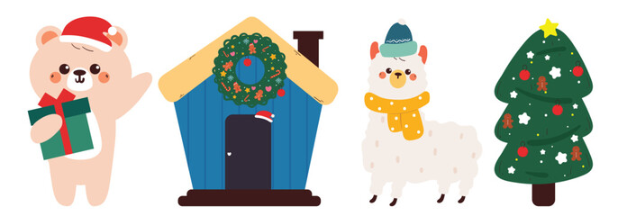 hand drawing cartoon christmas sticker set. cute christmas vibes sticker, doodle set