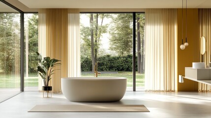 Modern bathroom with a freestanding tub and large windows overlooking a garden.