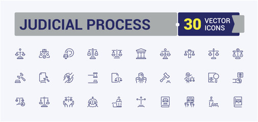Judicial Process icon. Contains related to crime, tribunal, arrest, judgment, authority, briefcase and more. Minimalistic icons. Editable stroke.