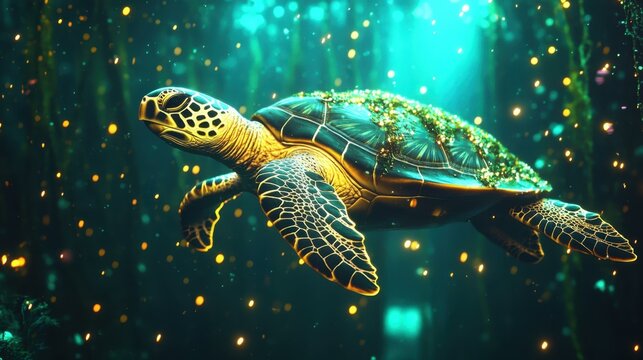 Playful underwater world sea turtle glides