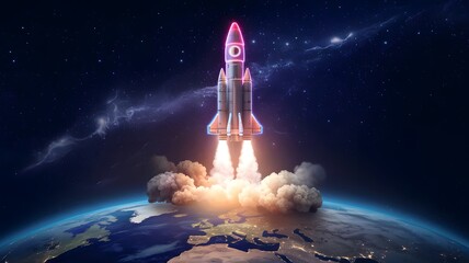 Fototapeta premium Neon Odyssey A Futuristic Rocket Launch into the Stars