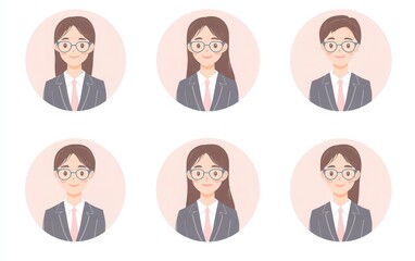 Set of professional business people avatar icons with flat design and simple shapes. The avatars use pastel colors and have round backgrounds against a white backdrop.