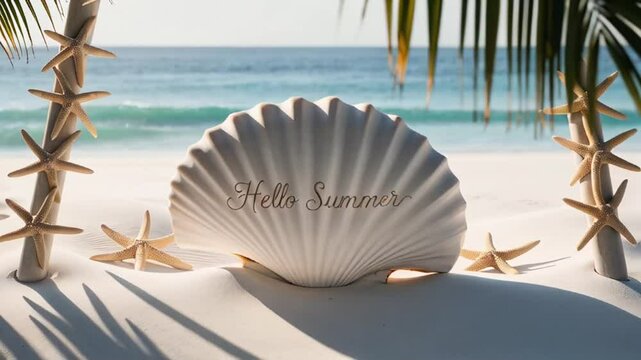 Beautiful shell with the inscription hello summer, sand, sea, tropical leaves

