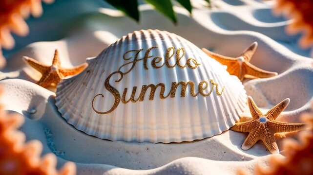 Beautiful shell with the inscription hello summer, sand, sea, tropical leaves

