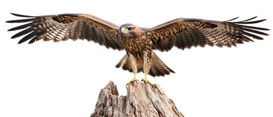 Obraz premium Majestic Red-shouldered Hawk in Flight, Perched on a Weathered Stump Against a Pristine White Background