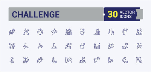 Challenge icon set. It contains symbols to win, motivation, business, person, hand, challenge, success, skill. Minimal linear icons. Editable stroke. Vector illustration.