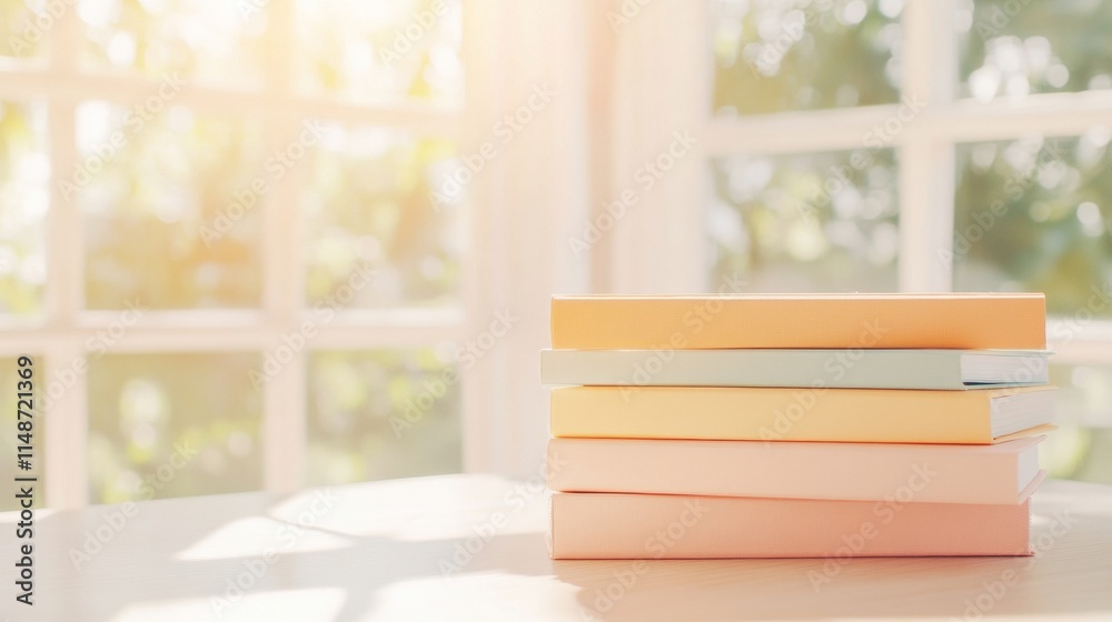 Poster pastel notebook stack in sunlit study, highlighting calm and exploration