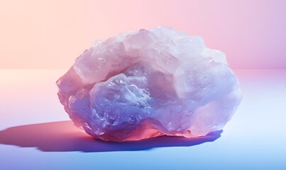 Rose quartz stone with soft pink and purple gradient light.