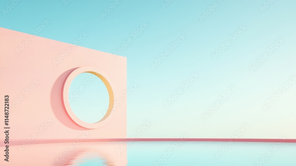 Poster minimalist pastel cityscape with circular architecture and water reflection
