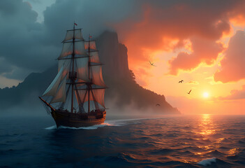 Fototapeta premium Majestic Sailing Ship at Sunset - Stunning Maritime Photography