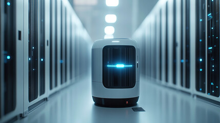 Robotic device navigating through a modern data center filled with servers and high-tech equipment