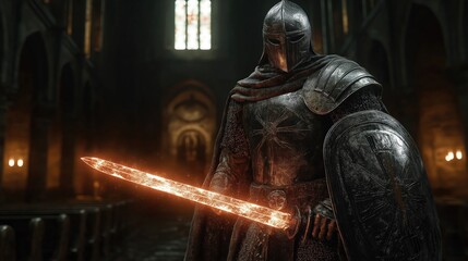 Medieval knight in dark armor stands in church. Holds glowing sword, shield. Historical warrior ready for battle. Dark fantasy scene inside gothic church. Ancient hero, medieval era. Man of chivalry