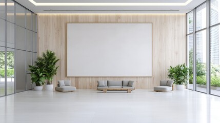 Modern minimalist lobby with large blank canvas, wooden wall, comfortable seating, and plants.