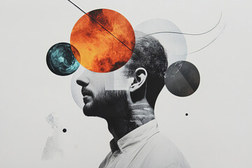 An artistic representation of a male profile combined with geometric surreal shapes and colors to evoke thought and creativity, blending digital art elements with emotional depth.