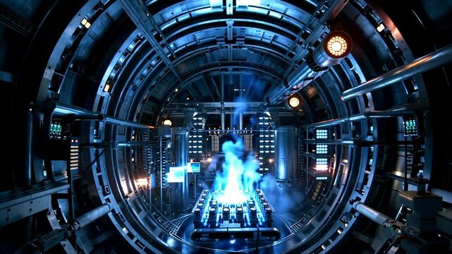 Interior of a nuclear reactor with its fission rods glowing and working. 4k video.