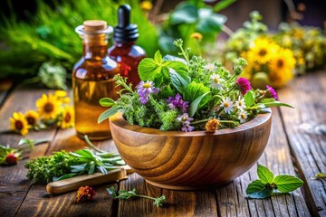 Aromatic Essential Oils: Wooden Bowl, Herbs, Flowers - Natural Wellness Photography