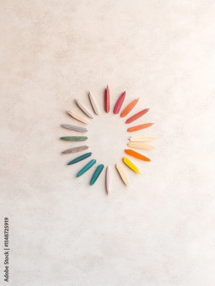 Poster circular arrangement of multicolored pencils on soft pastel background