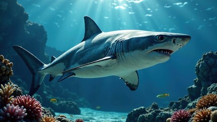 Fototapeta premium Majestic Shark Underwater, Deep Sea, Oceanic Predator, Stunning Photography
