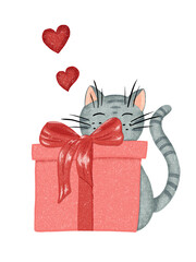 Cat with a gift. Hand drawn postcard.