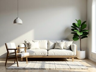 Mid-Century Modern Living Room, White Sofa, Wood Chairs, AI Photo