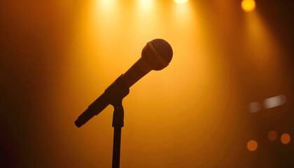 Microphone on stage illuminated by warm lights at the Sanremo Festival