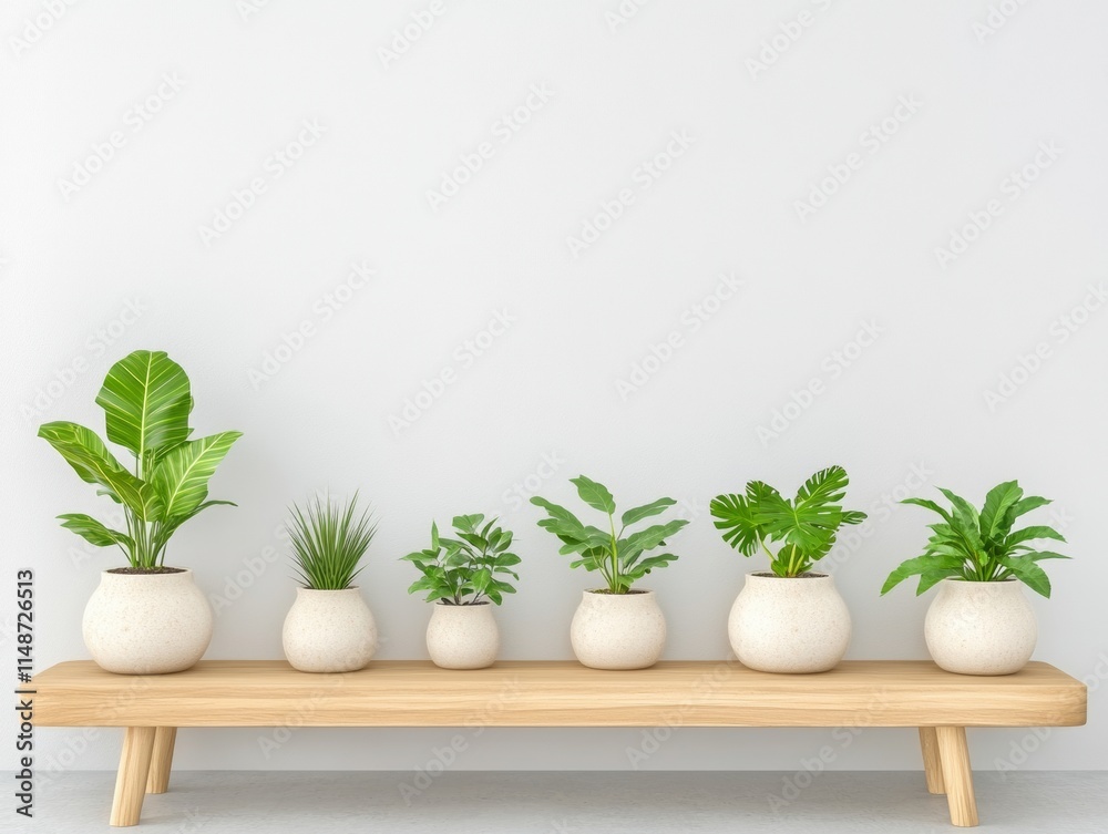 Poster serene display of rare plants on wooden bench in minimalist setting