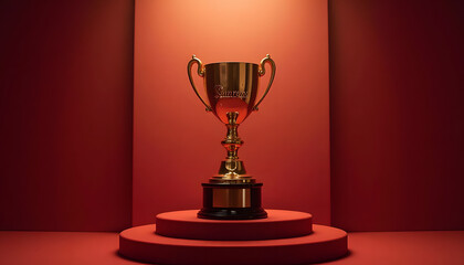 Golden trophy displayed on a pedestal against a vibrant backdrop at the Sanremo Festival
