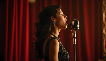 Singer performing on stage with a vintage microphone at the Sanremo Festival