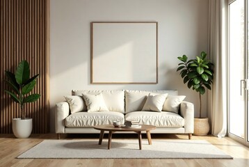 Minimalist Beige Living Room, Wooden Walls, Neutral Decor, AI Photo