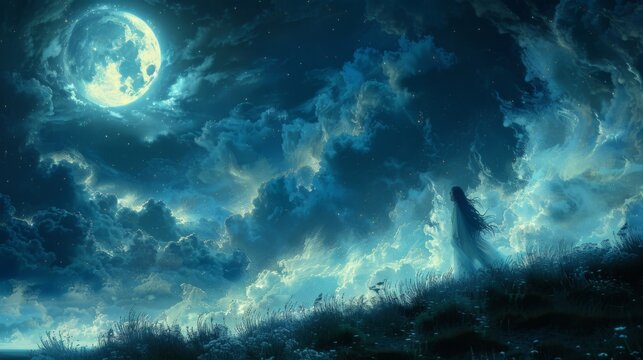 Mythical creatures. Japan myth. Tsukuyomi-no Mikoto, a figure of tranquil grace, glides serenely across the velvety expanse of the night sky. moon god in Japanese mythology