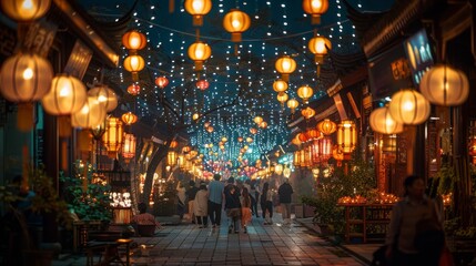 Chinese Lantern Festival. sense of tranquility and festivity pervades atmosphere as people stroll through the lantern-lit streets, enjoying vibrant displays and partaking in traditional festivities.