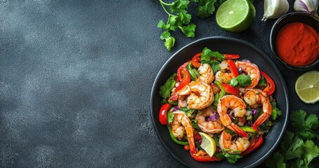 Bird s eye view of shrimp ceviche on gray background