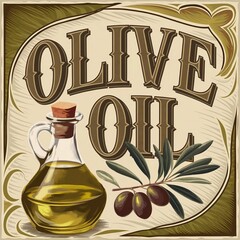 Vintage poster with the inscription "Olive Oil" and an image of an oil bottle and an olive branch