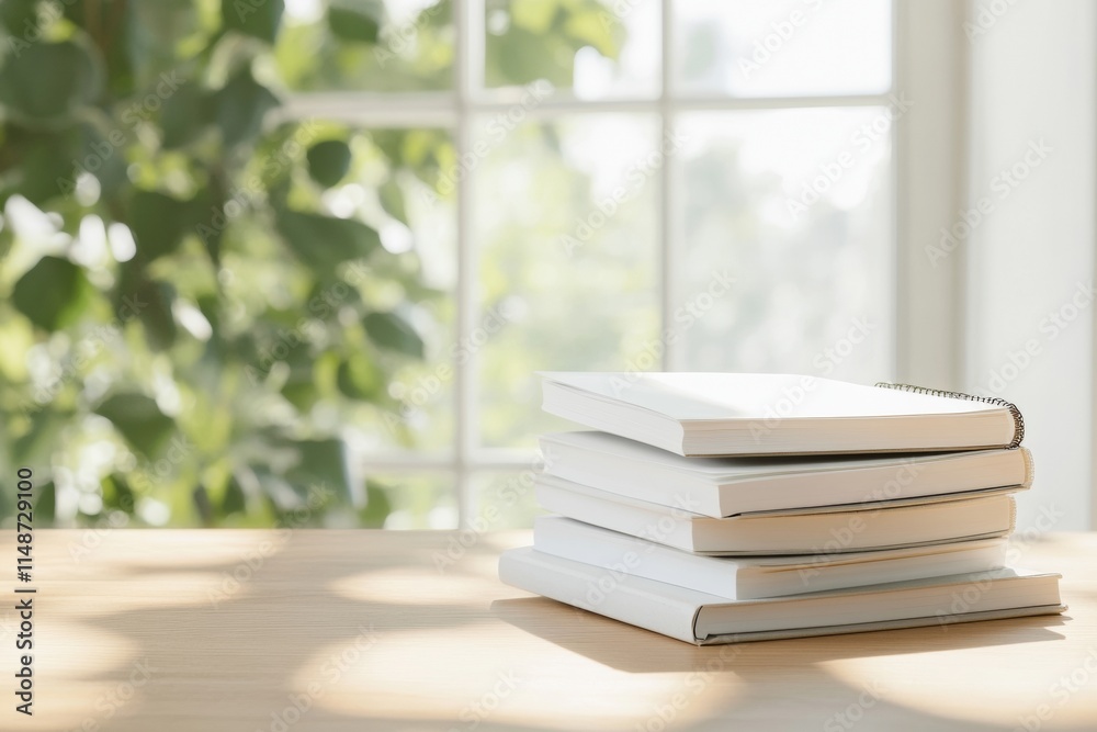 Aufkleber sunlit study setup books and notebooks on wooden desk by window