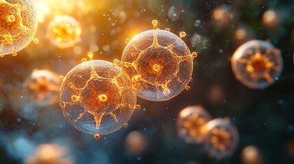 A vibrant microscopic view of viruses floating in a chaotic digital space highlighted by glowing particles symbolizing danger interconnectedness unseen threats resilience and the microscopic world of 