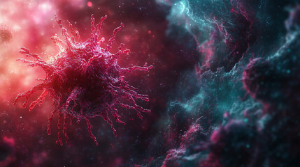 A vibrant microscopic view of viruses floating in a chaotic digital space highlighted by glowing particles symbolizing danger interconnectedness unseen threats resilience and the microscopic world of 