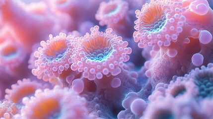 A vibrant microscopic view of viruses floating in a chaotic digital space highlighted by glowing particles symbolizing danger interconnectedness unseen threats resilience and the microscopic world of 