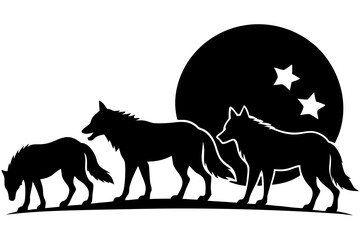 Fototapeta premium A wolf pack under a full moon silhouette illustration on white background