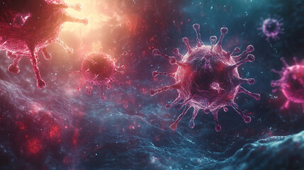 A vibrant microscopic view of viruses floating in a chaotic digital space highlighted by glowing particles symbolizing danger interconnectedness unseen threats resilience and the microscopic world of 