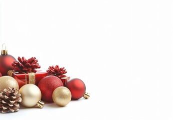 Elegant Christmas Decorations Red Gold Ornaments Gifts White Background