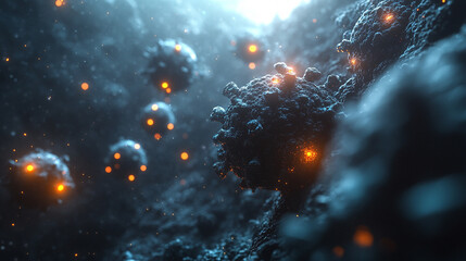 A vibrant microscopic view of viruses floating in a chaotic digital space highlighted by glowing particles symbolizing danger interconnectedness unseen threats resilience and the microscopic world of 
