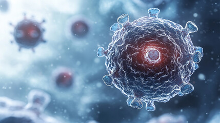 A vibrant microscopic view of viruses floating in a chaotic digital space highlighted by glowing particles symbolizing danger interconnectedness unseen threats resilience and the microscopic world of 