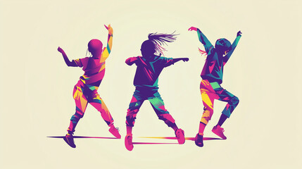 Three children dancing in vibrant geometric patterns