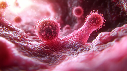 A vibrant microscopic view of viruses floating in a chaotic digital space highlighted by glowing particles symbolizing danger interconnectedness unseen threats resilience and the microscopic world of 